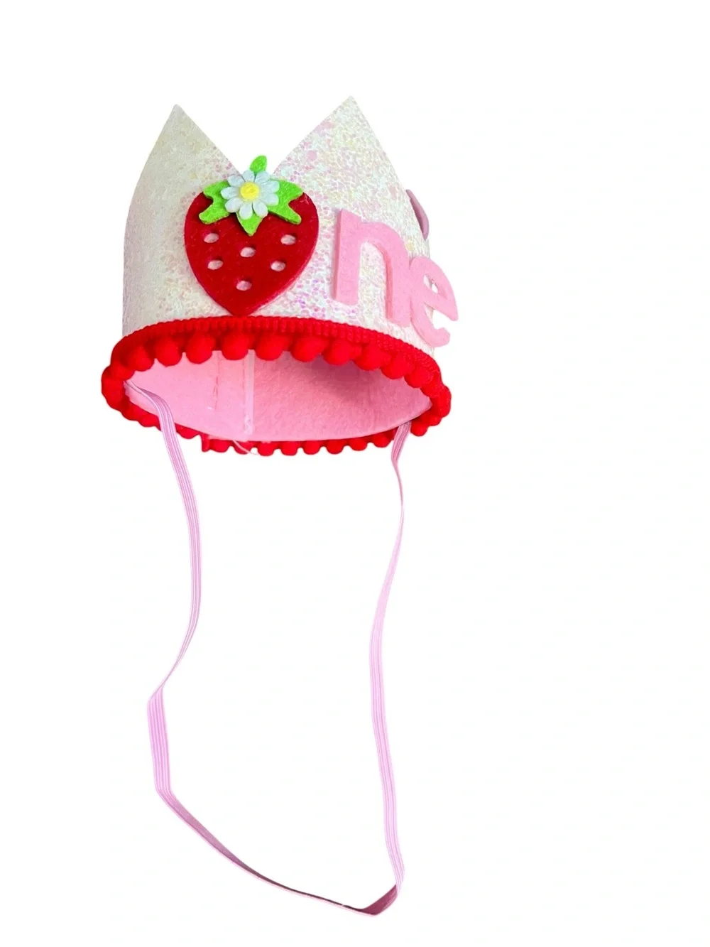 Pink and White Sparkle Strawberry 1st Birthday Crown